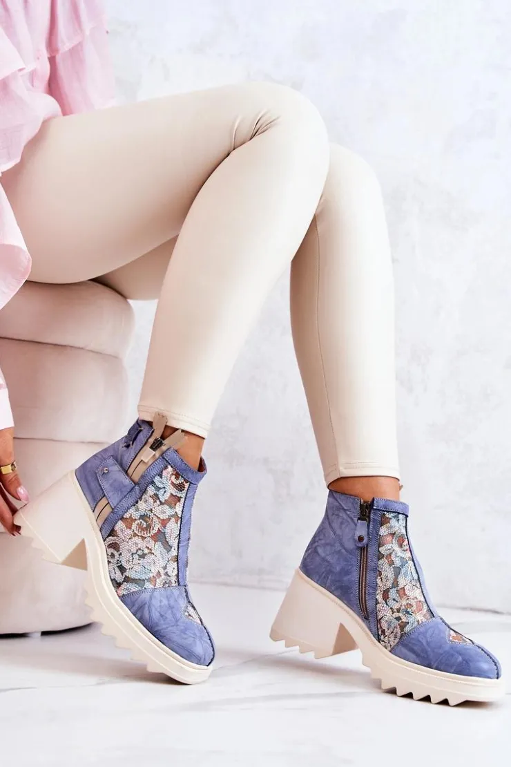 Maciejka Botki Wiosenne|Botki Maciejka*Skórzane Botki Na Masywnym Słupku Niebieskie 05325-06