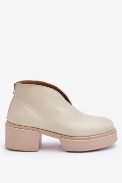 Damskie Boto Skórzane Botki Na Masywnym Obcasie Nicole 2795/054 Jasnobeżowe