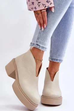 Damskie Boto Skórzane Botki Na Masywnym Obcasie Nicole 2795/054 Jasnobeżowe