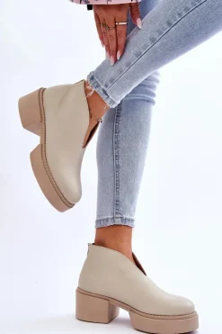 Damskie Boto Skórzane Botki Na Masywnym Obcasie Nicole 2795/054 Jasnobeżowe