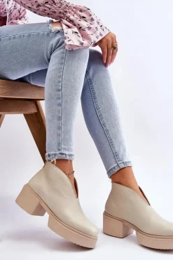 Damskie Boto Skórzane Botki Na Masywnym Obcasie Nicole 2795/054 Jasnobeżowe