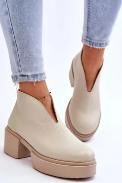 Damskie Boto Skórzane Botki Na Masywnym Obcasie Nicole 2795/054 Jasnobeżowe