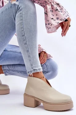 Damskie Boto Skórzane Botki Na Masywnym Obcasie Nicole 2795/054 Jasnobeżowe