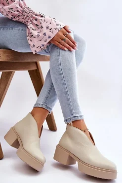 Damskie Boto Skórzane Botki Na Masywnym Obcasie Nicole 2795/054 Jasnobeżowe