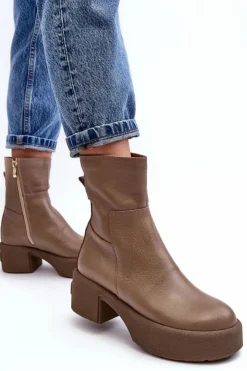 Damskie Boto Skórzane Botki Na Niskim Obcasie Ciemnobeżowe Lemar Volavola