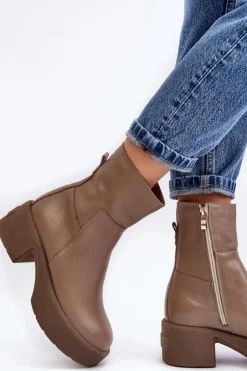 Damskie Boto Skórzane Botki Na Niskim Obcasie Ciemnobeżowe Lemar Volavola