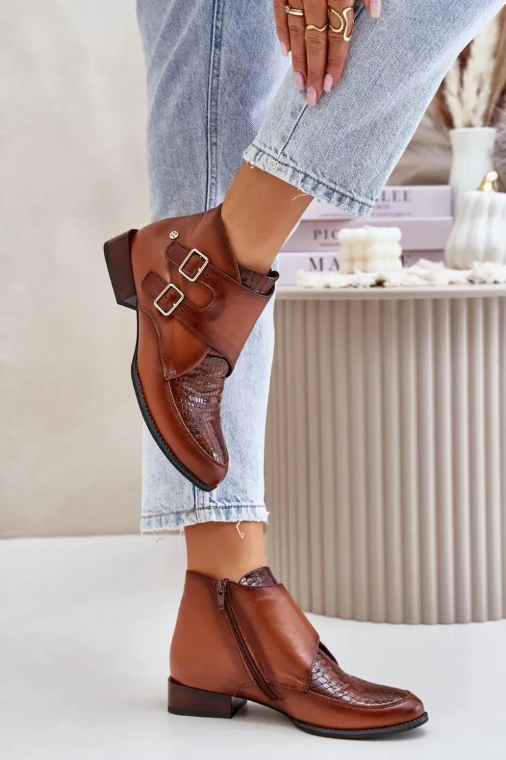 Maciejka Botki Ocieplane|Botki Maciejka*Skórzane Botki Na Niskim Obcasie Z Klamrami 06696-02 Brązowe Brązowy