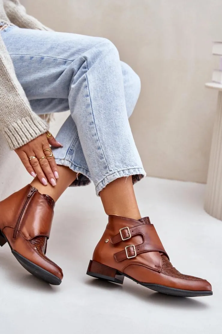 Maciejka Botki Ocieplane|Botki Maciejka*Skórzane Botki Na Niskim Obcasie Z Klamrami 06696-02 Brązowe Brązowy