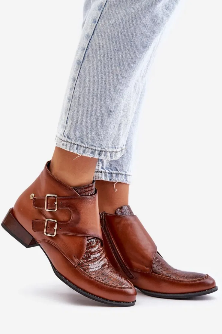 Maciejka Botki Ocieplane|Botki Maciejka*Skórzane Botki Na Niskim Obcasie Z Klamrami 06696-02 Brązowe Brązowy