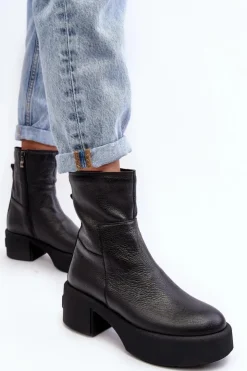 Sale Boto Skórzane Botki Na Niskim Obcasie Czarne Lemar Volavola