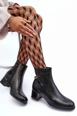 Damskie Boto Skórzane Botki Na Niskim Obcasie Czarne Rennie