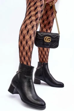 Damskie Boto Skórzane Botki Na Niskim Obcasie Czarne Rennie