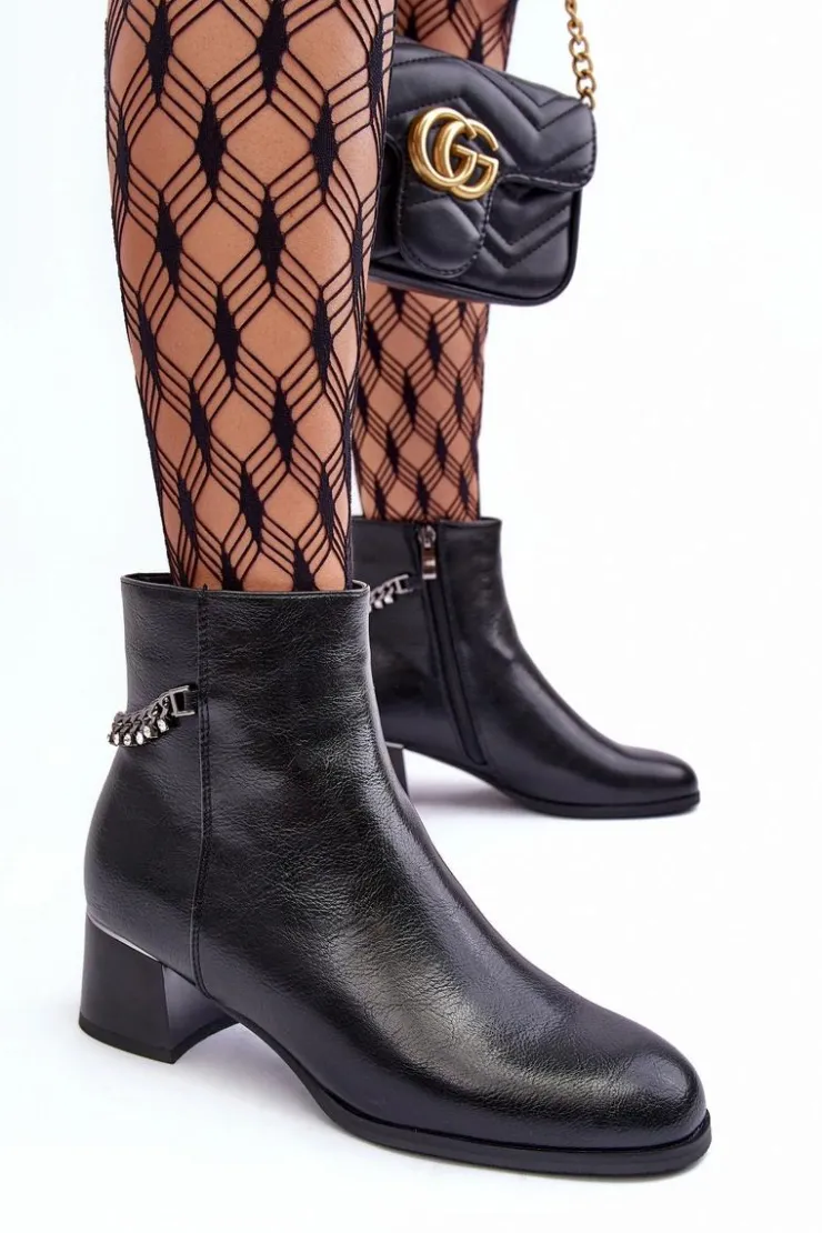 Damskie Boto Skórzane Botki Na Niskim Obcasie Czarne Rennie