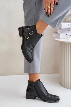 Damskie Maciejka Skórzane Botki Na Niskim Obcasie Z Klamrami 06696-01 Czarne