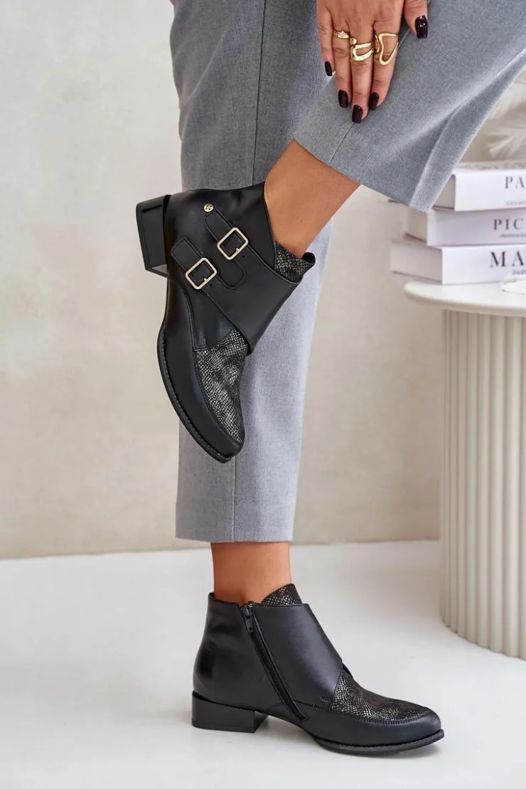 Damskie Maciejka Skórzane Botki Na Niskim Obcasie Z Klamrami 06696-01 Czarne