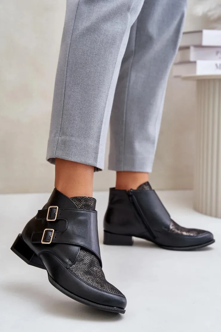 Damskie Maciejka Skórzane Botki Na Niskim Obcasie Z Klamrami 06696-01 Czarne