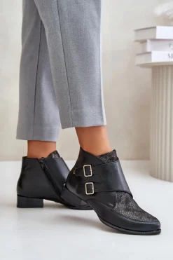 Damskie Maciejka Skórzane Botki Na Niskim Obcasie Z Klamrami 06696-01 Czarne