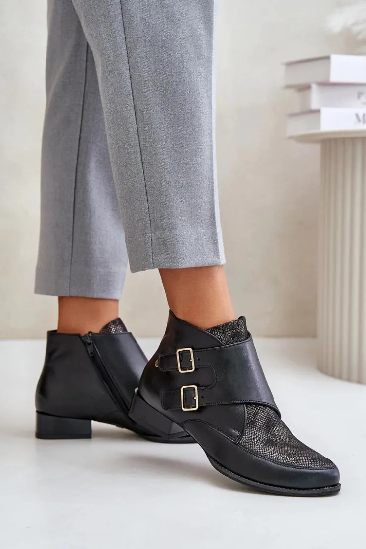 Damskie Maciejka Skórzane Botki Na Niskim Obcasie Z Klamrami 06696-01 Czarne