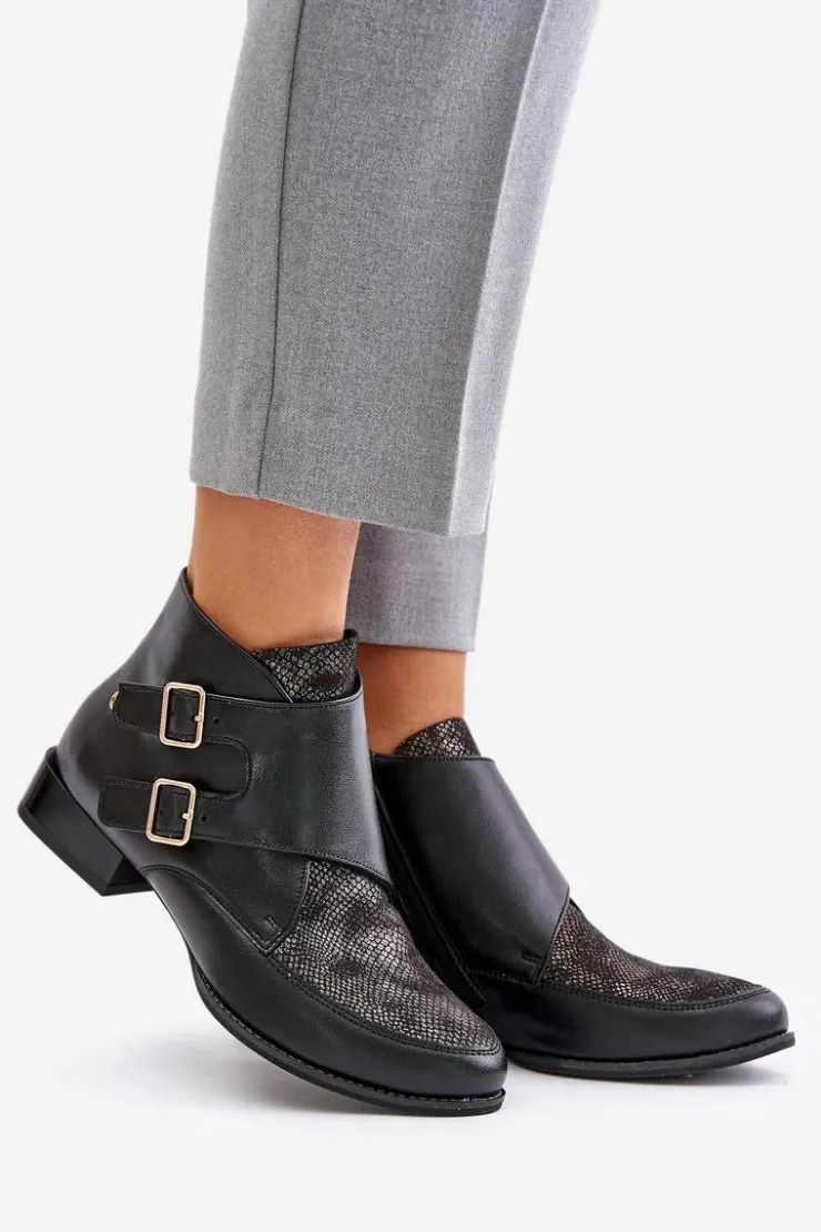 Damskie Maciejka Skórzane Botki Na Niskim Obcasie Z Klamrami 06696-01 Czarne