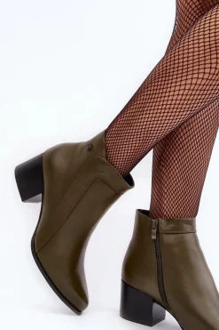 Buty Sergio Leone Botki Zimowe Damskie|Botki Na Obcasie*Skórzane Botki Na Niskim Obcasie Oliwkowe Cidi