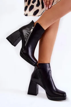 Outlet Boto Skórzane Botki Na Obcasie Geometryczny Wzór Czarne Alienore