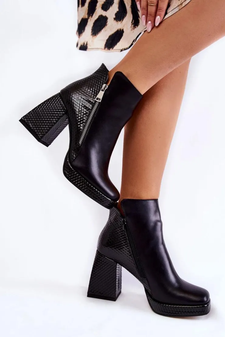 Outlet Boto Skórzane Botki Na Obcasie Geometryczny Wzór Czarne Alienore