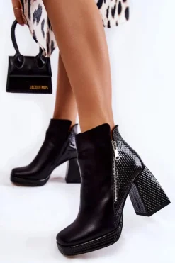 Outlet Boto Skórzane Botki Na Obcasie Geometryczny Wzór Czarne Alienore
