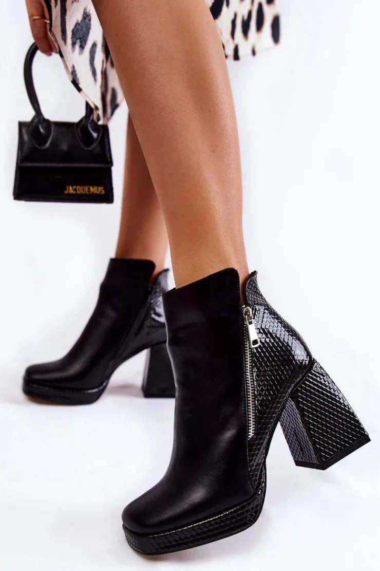 Outlet Boto Skórzane Botki Na Obcasie Geometryczny Wzór Czarne Alienore