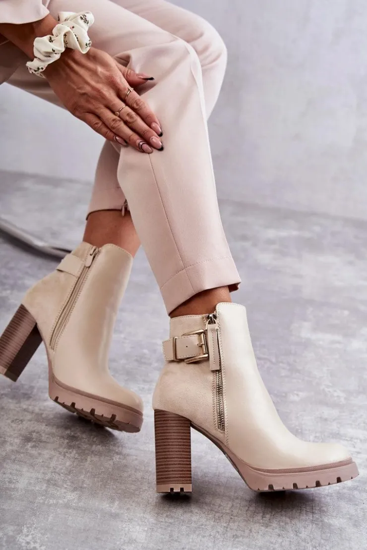Hot Boto Skórzane Botki Na Obcasie Z Ozdobnym Zamkiem Beżowe Rosita