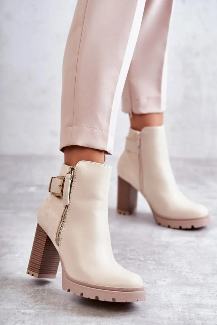 Hot Boto Skórzane Botki Na Obcasie Z Ozdobnym Zamkiem Beżowe Rosita