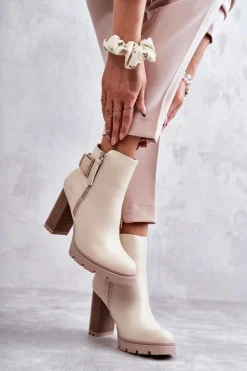 Hot Boto Skórzane Botki Na Obcasie Z Ozdobnym Zamkiem Beżowe Rosita