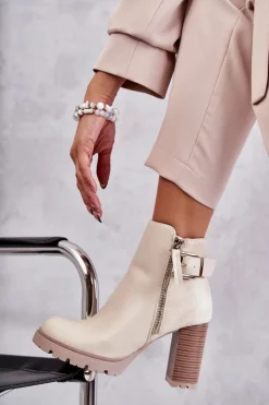 Hot Boto Skórzane Botki Na Obcasie Z Ozdobnym Zamkiem Beżowe Rosita