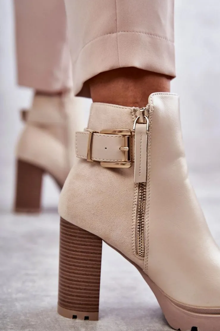 Hot Boto Skórzane Botki Na Obcasie Z Ozdobnym Zamkiem Beżowe Rosita