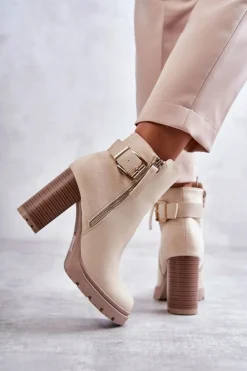 Hot Boto Skórzane Botki Na Obcasie Z Ozdobnym Zamkiem Beżowe Rosita