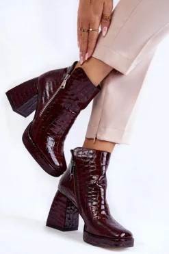 Damskie Boto Skórzane Botki Na Obcasie Krokodyli Wzór Bordowe Alienore