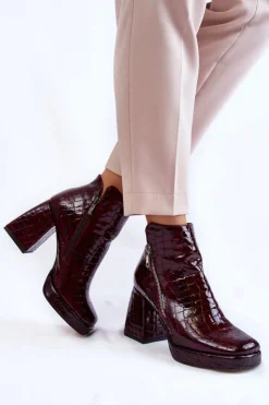 Damskie Boto Skórzane Botki Na Obcasie Krokodyli Wzór Bordowe Alienore