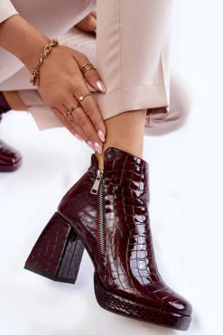 Damskie Boto Skórzane Botki Na Obcasie Krokodyli Wzór Bordowe Alienore