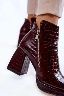 Damskie Boto Skórzane Botki Na Obcasie Krokodyli Wzór Bordowe Alienore