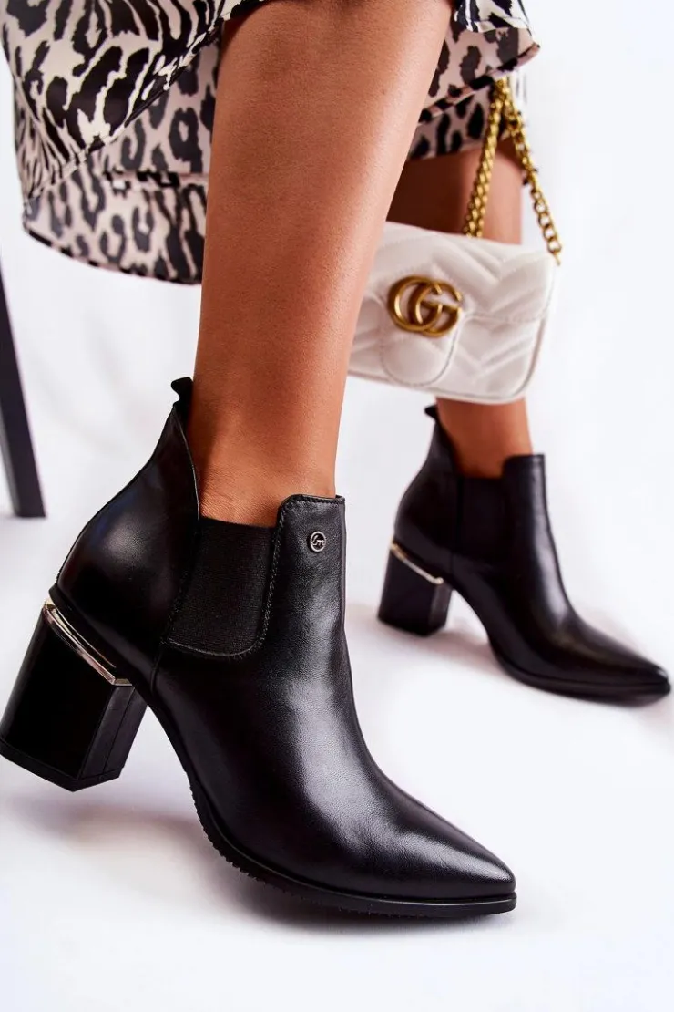 Laura Messi Botki Wiosenne|Botki Na Słupku*Skórzane Botki Na Obcasie 2506 Czarne