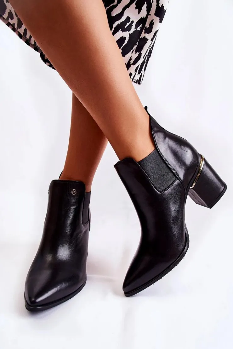 Laura Messi Botki Wiosenne|Botki Na Słupku*Skórzane Botki Na Obcasie 2506 Czarne