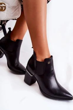 Laura Messi Botki Wiosenne|Botki Na Słupku*Skórzane Botki Na Obcasie 2506 Czarne