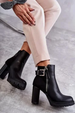 Boto Botki Na Słupku|Czarne Botki*Skórzane Botki Na Obcasie Z Ozdobnym Zamkiem Czarne Rosita