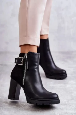 Boto Botki Na Słupku|Czarne Botki*Skórzane Botki Na Obcasie Z Ozdobnym Zamkiem Czarne Rosita