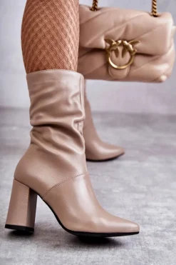 Hot Laura Messi Skórzane Botki Na Obcasie 2560 Beżowe