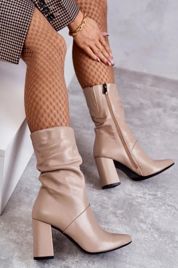 Hot Laura Messi Skórzane Botki Na Obcasie 2560 Beżowe