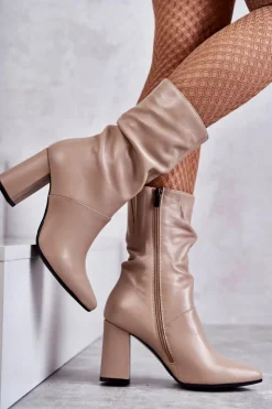 Hot Laura Messi Skórzane Botki Na Obcasie 2560 Beżowe