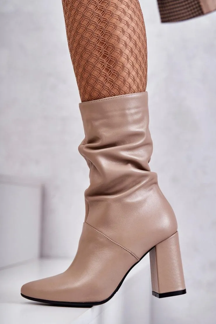 Hot Laura Messi Skórzane Botki Na Obcasie 2560 Beżowe
