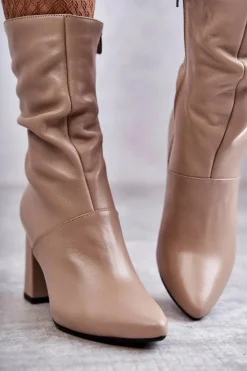 Hot Laura Messi Skórzane Botki Na Obcasie 2560 Beżowe