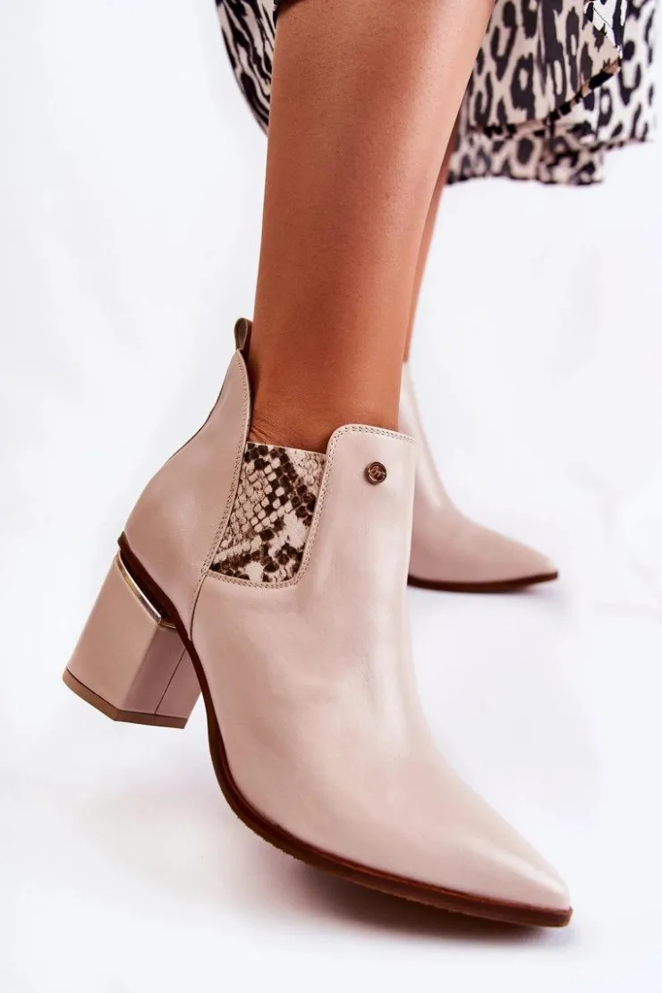 Damskie Laura Messi Skórzane Botki Na Obcasie 2506 Beżowe