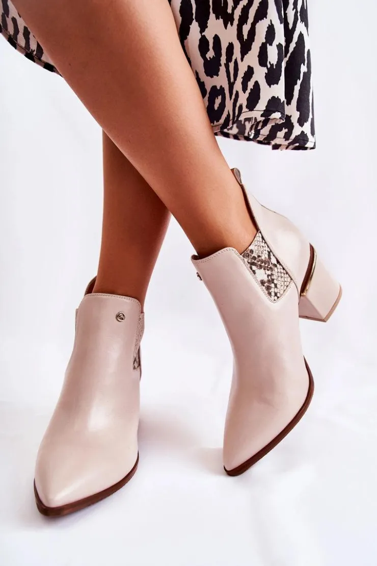 Damskie Laura Messi Skórzane Botki Na Obcasie 2506 Beżowe